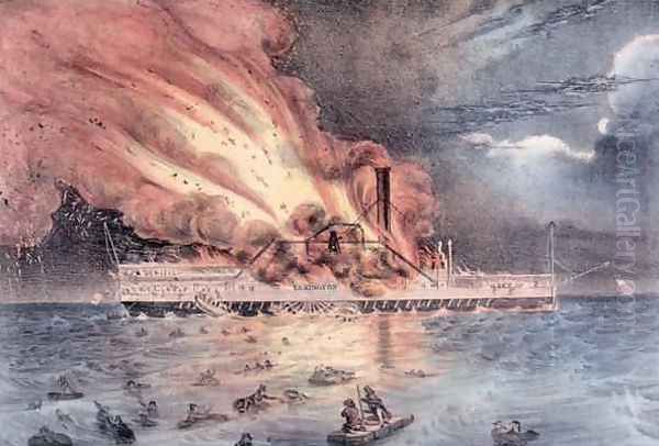 The conflagration of the steam boat Lexington in Long Island Sound Oil Painting by Hewitt, William Keesey