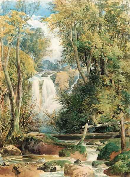 A forest waterfall, Swallow Falls, Lake District, Cumbria Oil Painting by William Hull