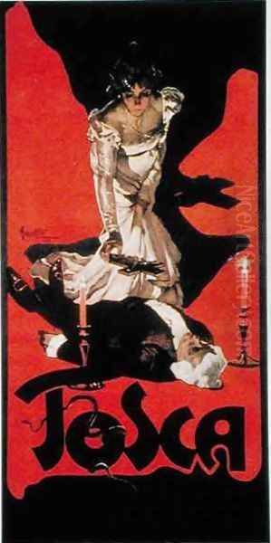 Poster advertising a performance of Tosca Oil Painting by Adolf Hohenstein