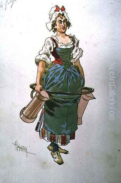 Costume design for a servant girl from the Opera Manon Lescaut Oil Painting by Adolf Hohenstein