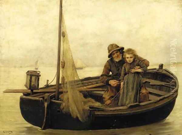 Mending the net Oil Painting by George Haquette