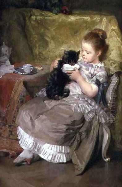 Milk for the Kitten Oil Painting by Johan Caspar Herterich