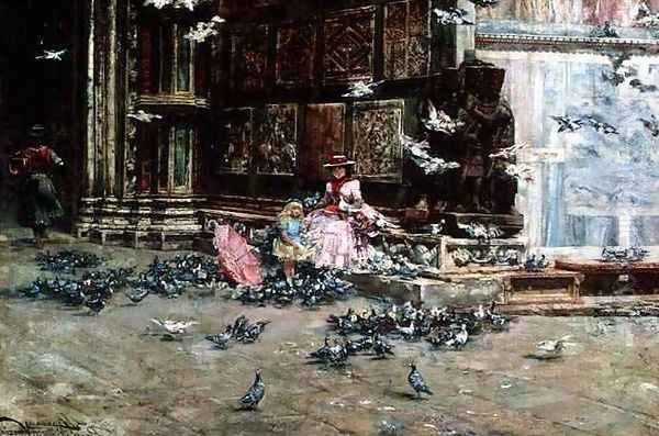 Feeding the Pigeons Oil Painting by Lievan Herremans