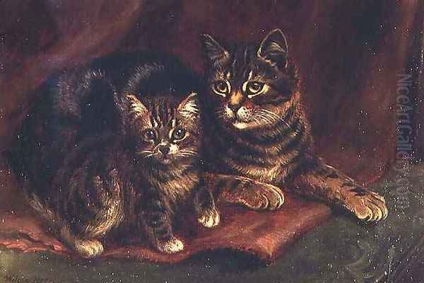 A Tabby Cat with a Kitten Oil Painting by Wilson Hepple