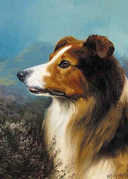 A collie in a moorland landscape Oil Painting by Wilson Hepple