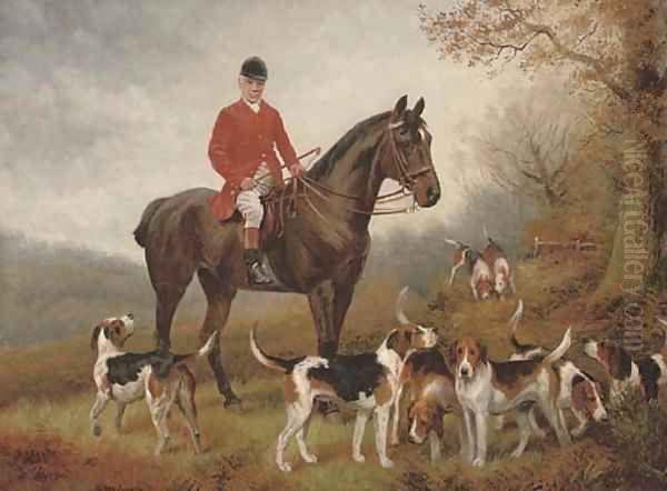 A gentleman with his hunter and hounds Oil Painting by Wilson Hepple