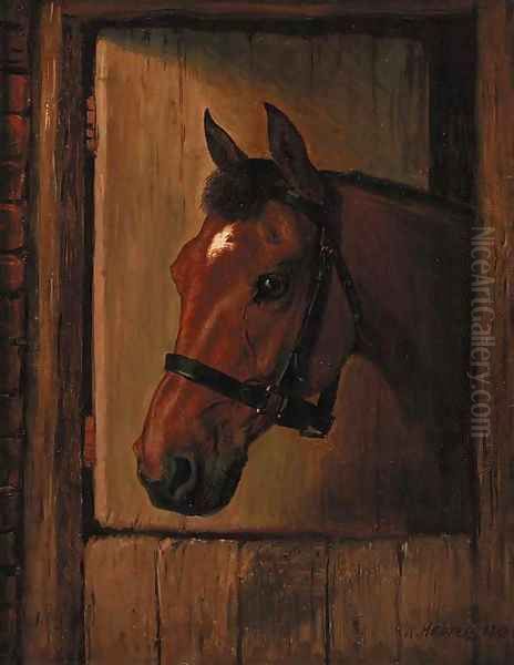 A chestnut hunter at a stable door Oil Painting by Wilson Hepple