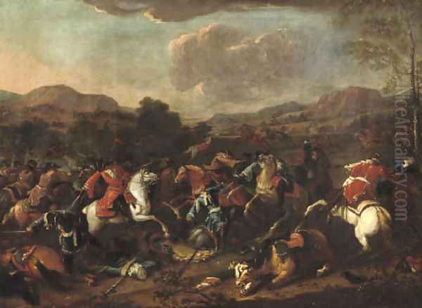 A cavalry skirmish in an extensive river landscape, said to be Prince Eugene de Savoy at the Battle of Blenheim, 1704 Oil Painting by Jan van Huchtenburg