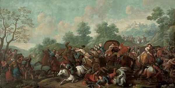 A convoy being attacked by brigands on a mountain pass Oil Painting by Jan van Huchtenburg