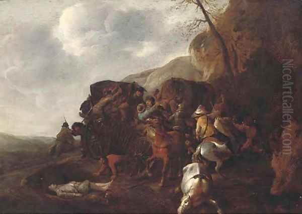 A wagon being ambushed on a mountain pass Oil Painting by Jan van Huchtenburg