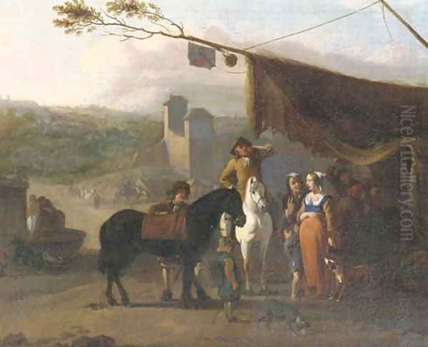 Travellers on horseback taking refreshments at an encampment near a fortified town, a water-basin with horses drinking nearby Oil Painting by Jan van Huchtenburg