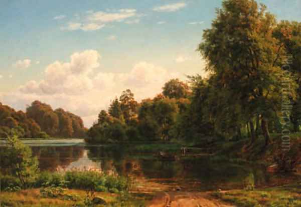 A wooded river landscape with a fisherman and figures by a landing stage Oil Painting by Carsten Henrichsen