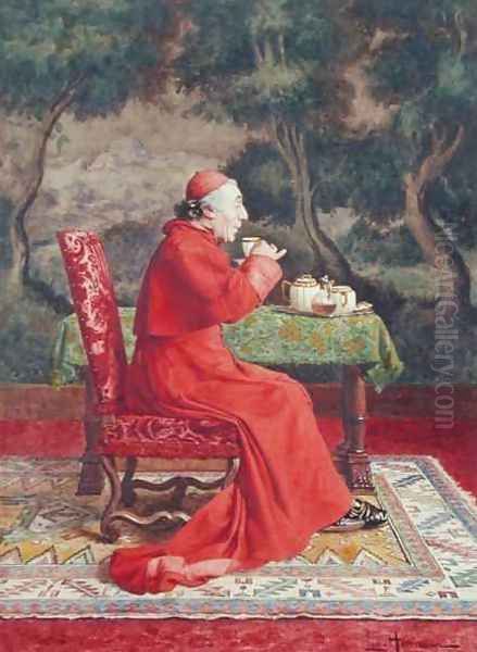 Cardinal Taking Tea Oil Painting by Leo Hermann