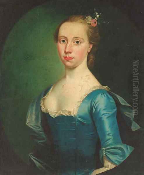 Portrait of Anne Evans Vowell (b.1720), nee Hamilton, in a blue dress with lace collar and blue wrap, feigned oval Oil Painting by Hoare, William, of Bath