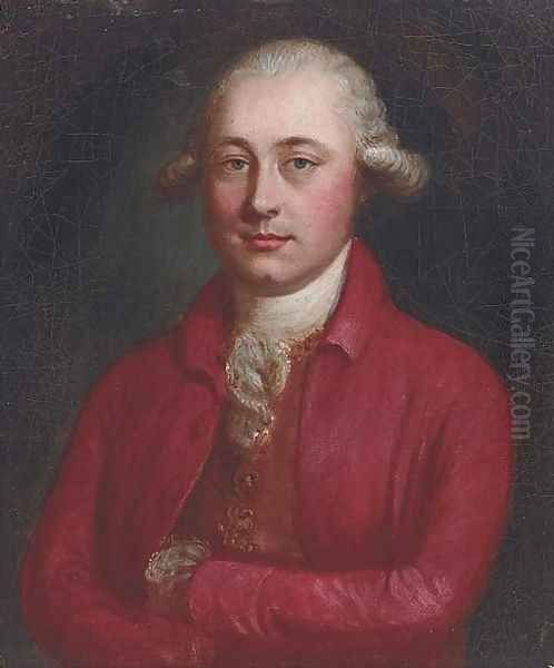 Portrait of a gentleman, small bust-length, in a red jacket and brown waistcoat Oil Painting by Hoare, William, of Bath