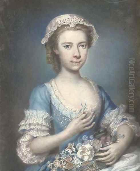 Portrait of a young lady, half-length, holding a bouquet of flowers Oil Painting by Hoare, William, of Bath