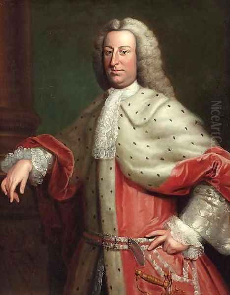 Portrait of a gentleman, said to be Henry Tenth, Lord Teynham, three-quarter length, in a red velvet and fur cloak and a wig Oil Painting by Hoare, William, of Bath