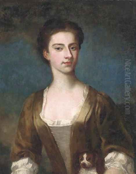 Portrait of Elizabeth Warburton, bust-length, in a brown dress with lace trim Oil Painting by Hoare, William, of Bath