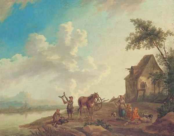 A river landscape with peasants making music by a cottage Oil Painting by Franz Hochecker