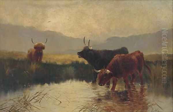 Cattle watering in a Highland landscape Oil Painting by Henry R. Hall