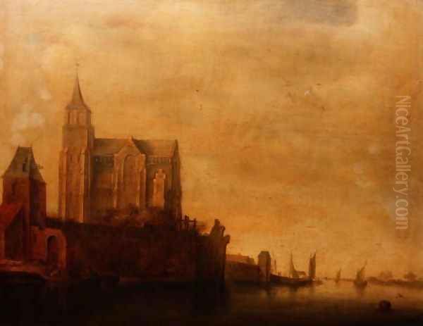 Groote Kerk with a View of the Main Tower Emmerich in a River Landscape with Sailing Boats Oil Painting by Maerten Fransz van der Hulst