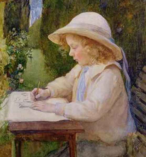 Girl drawing on a garden table Oil Painting by Mary Lascelles Harcourt