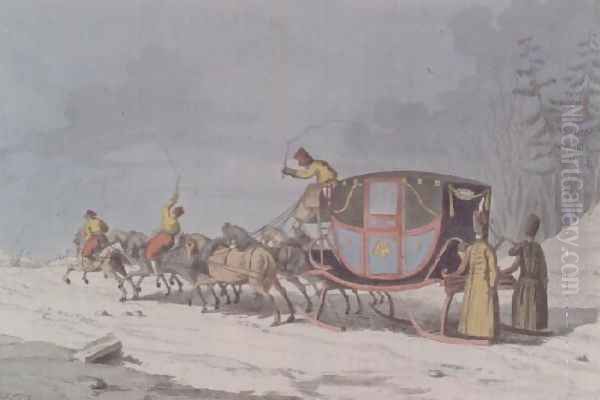 Horse and carriage on Sledges from Customs and Habits of the Russians Oil Painting by Armand Gustave Houbigant