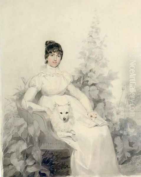 Portrait of Miss Godfrey, full-length, seated with her dog Oil Painting by Thomas Heaphy