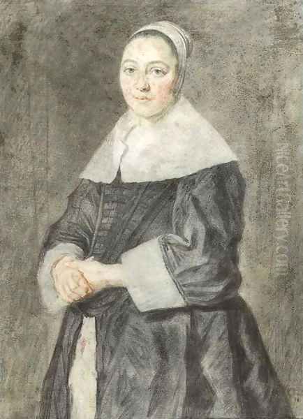 Portrait of a lady, small three quarter length, in a black dress with a white collar and white cuffs Oil Painting by Frans Hals