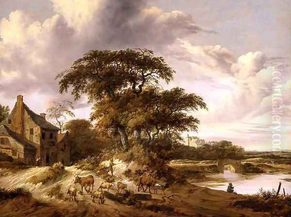 River Landscape with a Farmstead Oil Painting by Gerrit van Hees