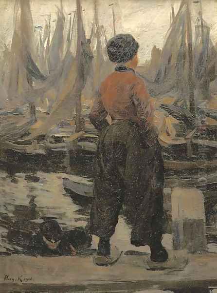 A Volendam fisherman looking over the harbour Oil Painting by Hans von Hayek