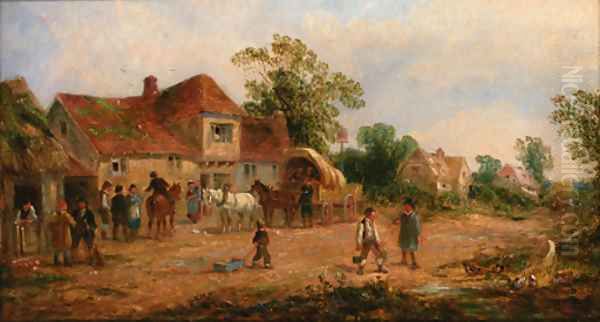 Figues with a haycart before a house Oil Painting by John Holland