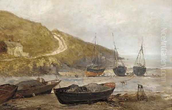 Ships on the shore at low tide, Sark Oil Painting by John Holland