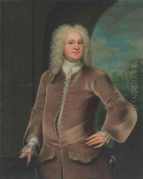 Portrait of Miles Branthwayt (d.1751), three-quarter-length, in a brown coat and waistcoat, holding a hat, a landscape beyond Oil Painting by John Theodore Heins