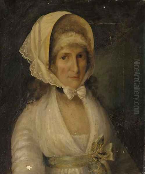 Portrait of Mrs James Beevor, bust-length, in a white dress with a green sash and a white lace bonnet Oil Painting by John Theodore Heins