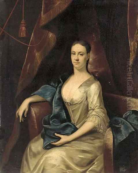 Portrait of Rebecca Branthwayt (d.1740), nee Newton, seated three-quarter-length, in a white satin dress and blue wrap in a draped interior Oil Painting by John Theodore Heins