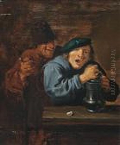 Boors Drinking And Smoking In An Interior Oil Painting by Adriaen Brouwer