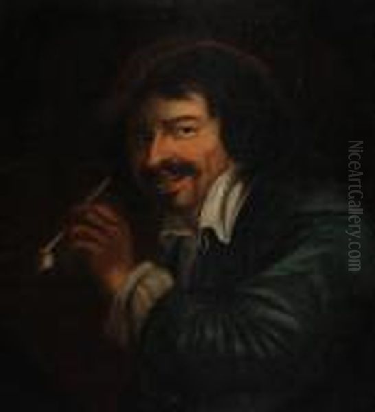 Portrait Of A Man With A Pipe, In A Paintedoval Oil Painting by Adriaen Brouwer