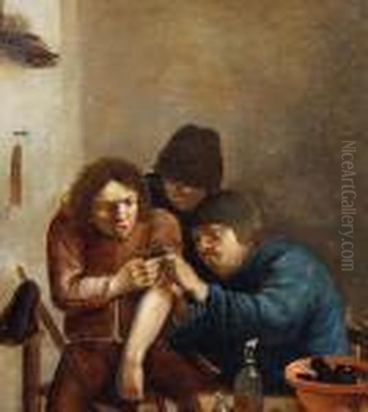 A Peasant Interior With A Doctor Medicating Apatient's Wound Oil Painting by Adriaen Brouwer