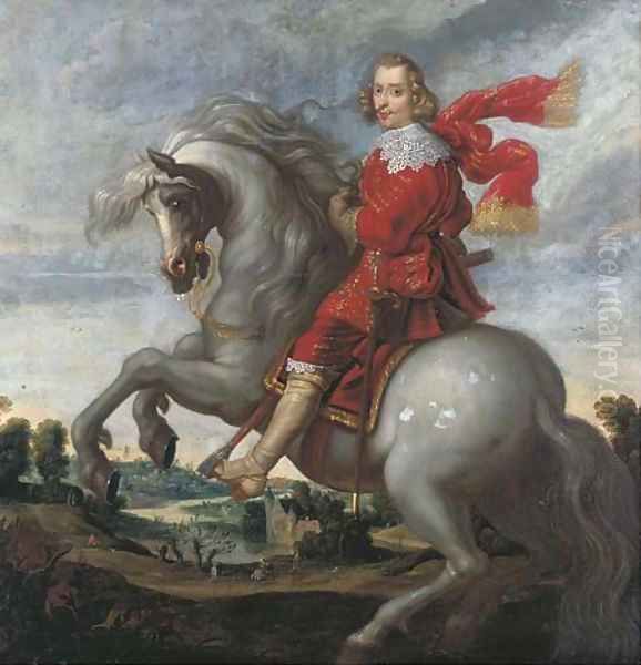 An equestrian portrait of the Cardinal-Infante Ferdinand (1609-1641), an extensive river landscape beyond Oil Painting by Pauwels I van Hillegaert