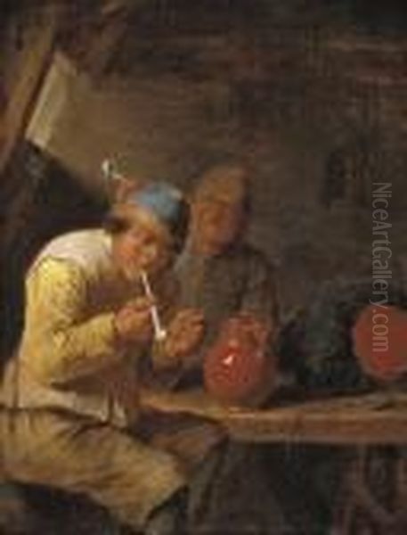 Boors Smoking In An Interior Oil Painting by Adriaen Brouwer