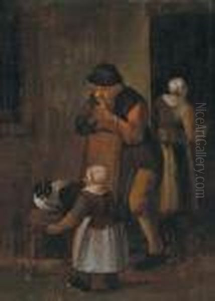 Interno Contadino Con Tre Persone E Un Gatto Oil Painting by Adriaen Brouwer