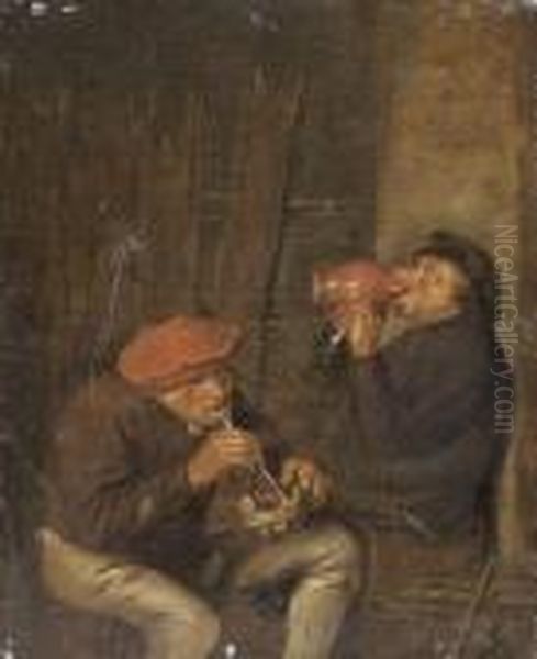 Zwei Rauchende Und Trinkende Bauern In Einer Stube Oil Painting by Adriaen Brouwer