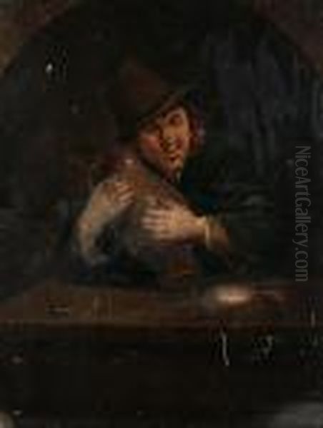 A Peasant Seated At A Table Holding Anearthenware Jug Oil Painting by Adriaen Brouwer