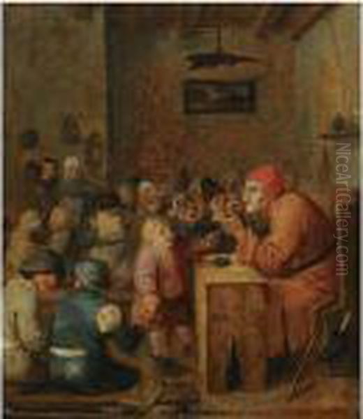 A Schoolroom Interior With Children Gathered Around Aschoolmaster Oil Painting by Adriaen Brouwer