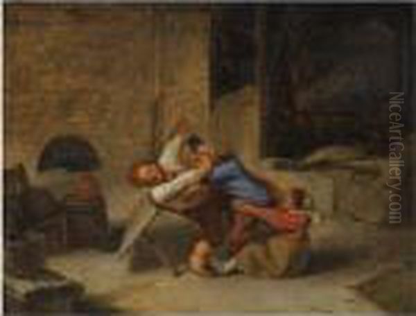 Three Peasants Fighting In A Barn Interior Oil Painting by Adriaen Brouwer