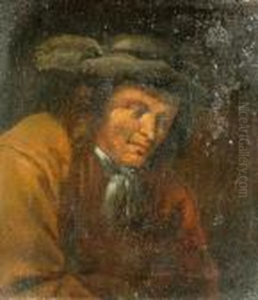 A Portrait Of A Man In A Feathered Hat Oil Painting by Adriaen Brouwer