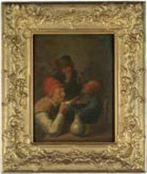 Three Peasants Smoking And Drinking Oil Painting by Adriaen Brouwer