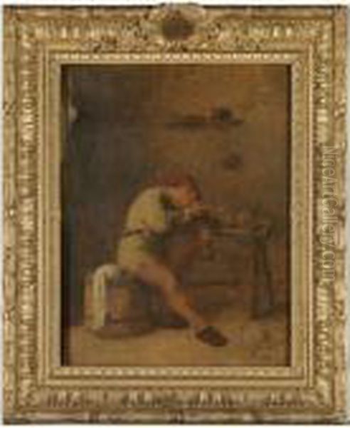 A Seated Peasant Lighting His Pipe Oil Painting by Adriaen Brouwer