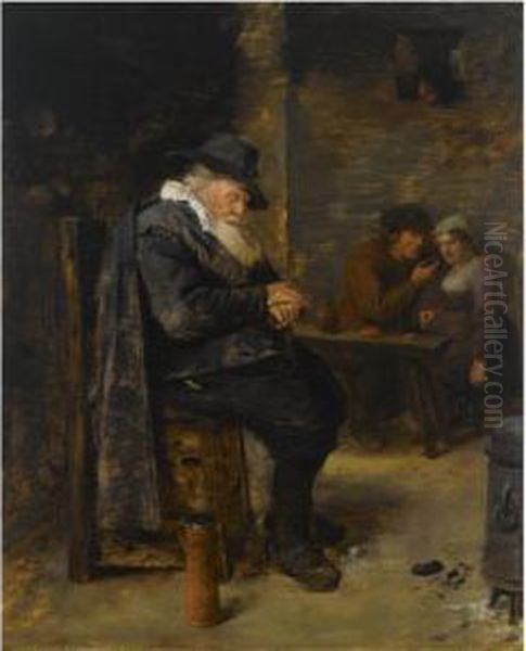 An Elderly Man Sleeping In An Inn With An Amorous Couple In The Background Oil Painting by Adriaen Brouwer